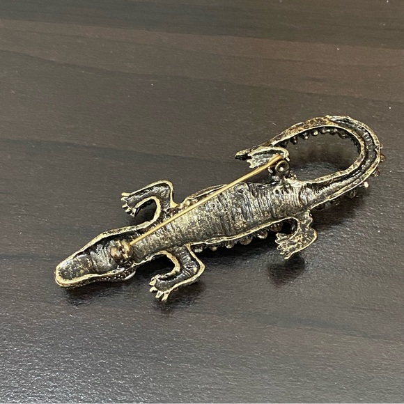 Antique Style Green Alligator Gator Crocodile Rhinestones Bling Brooch - Picture 12 of 12